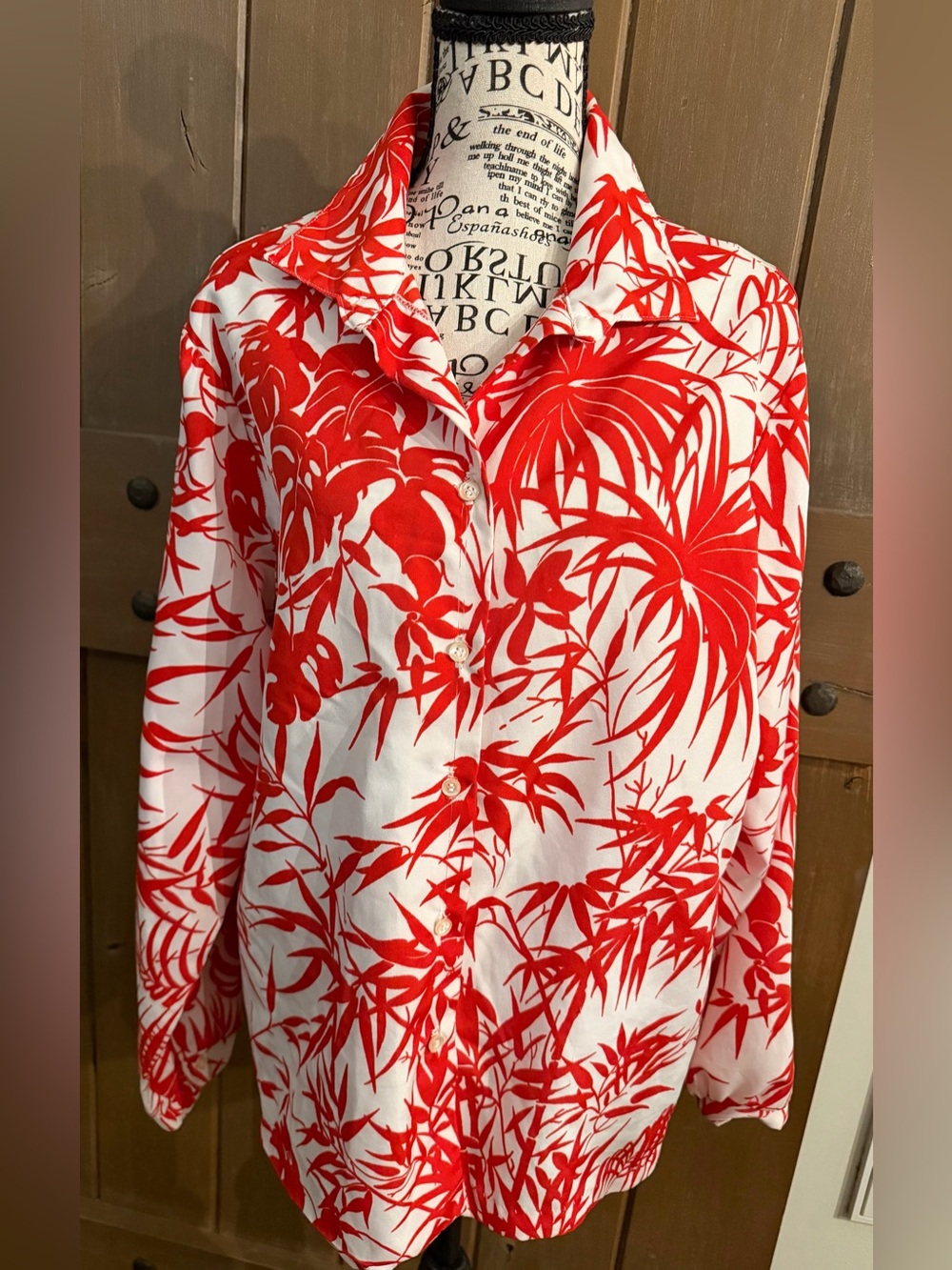 Vintage 1970s Laura Mae Red &‎ White Abstract Pattern Long Sleeve Blouse Large